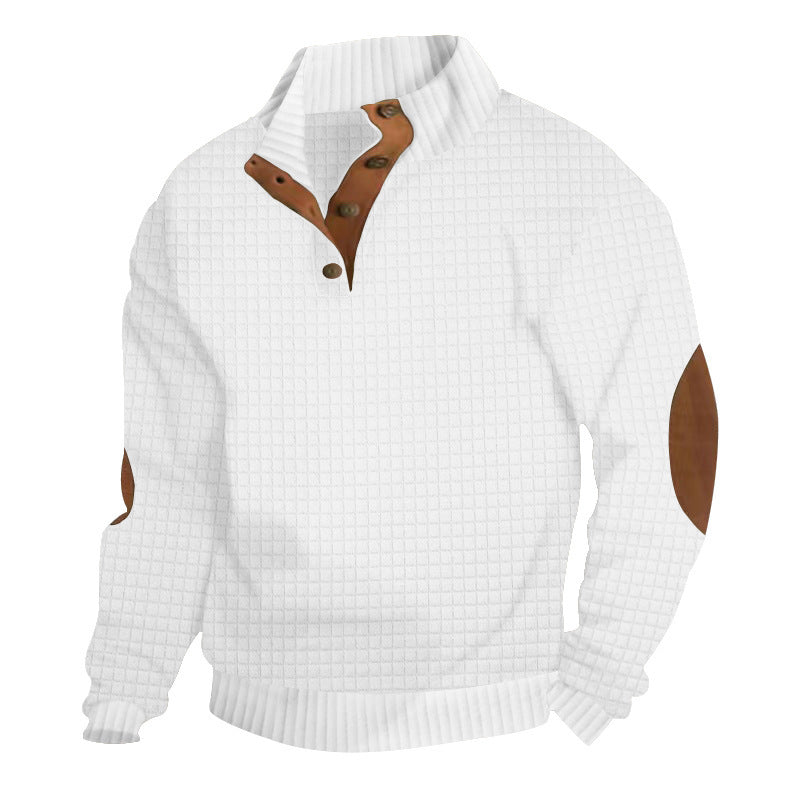 Men's Quilted Knit Sweater with Leather Elbow Patches - Stand Collar Button Pullover