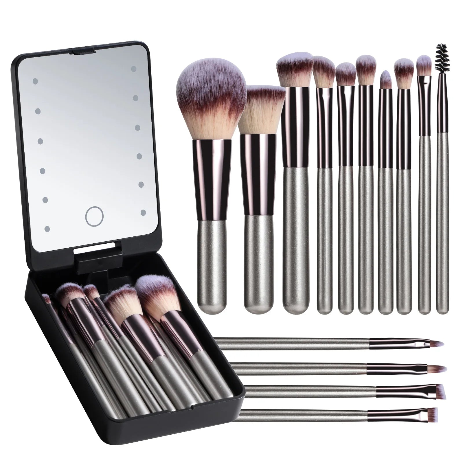 14-Piece Makeup Brush Set with Illuminated Mirror, Portable Short Handle,LED Light,USB Rechargeable Makeup Brushes