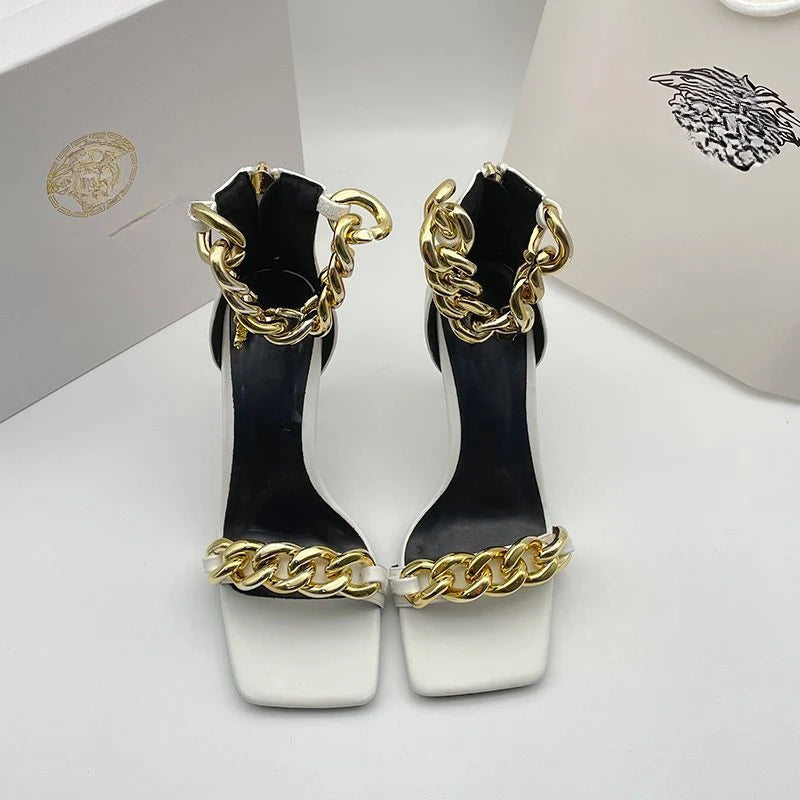 Top Version Lambskin  Belt Slim Heel Chain Toe Square High Heels