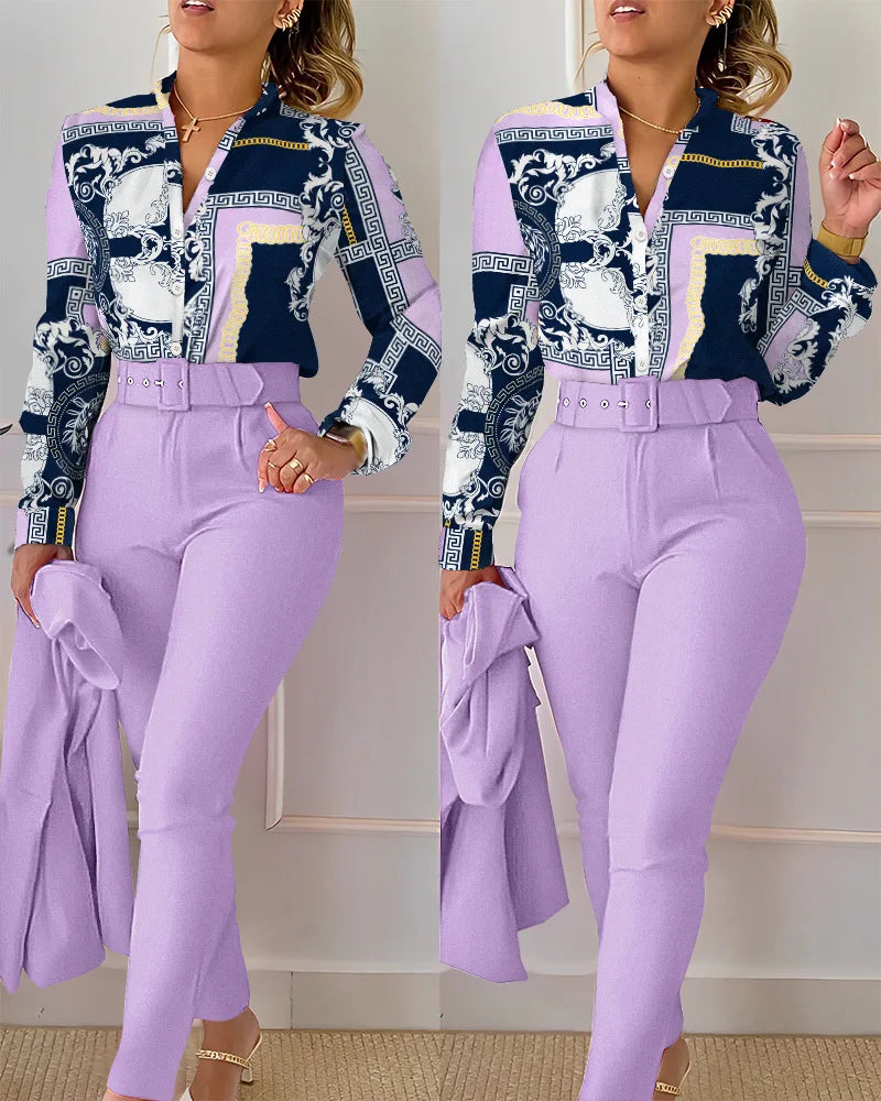 Elegant Patchwork Shirt &amp; High-Waist Lilac Pants Set