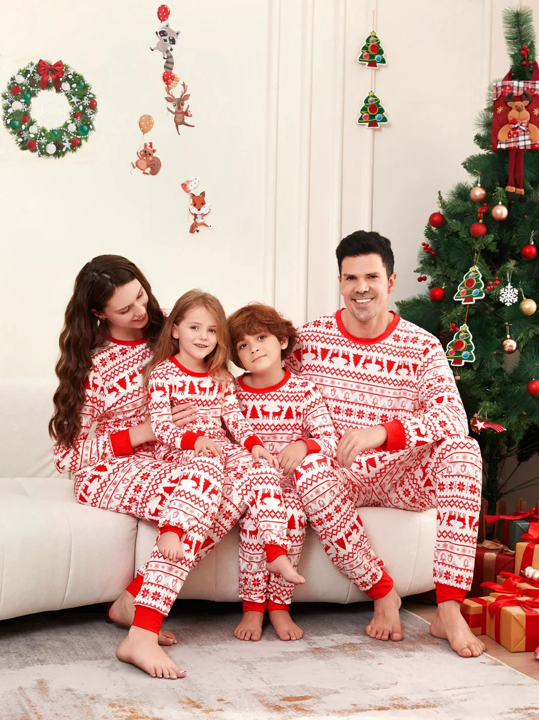 Family Christmas clothing  Elk cartoon round neck 2 pyjamas