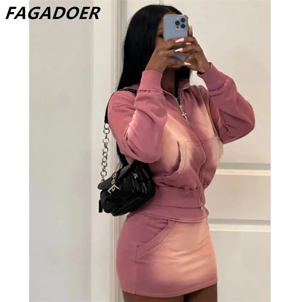 Nude mesh Two Piece Sets Women Outfits Fashion Zip Pocket Long Sleeve