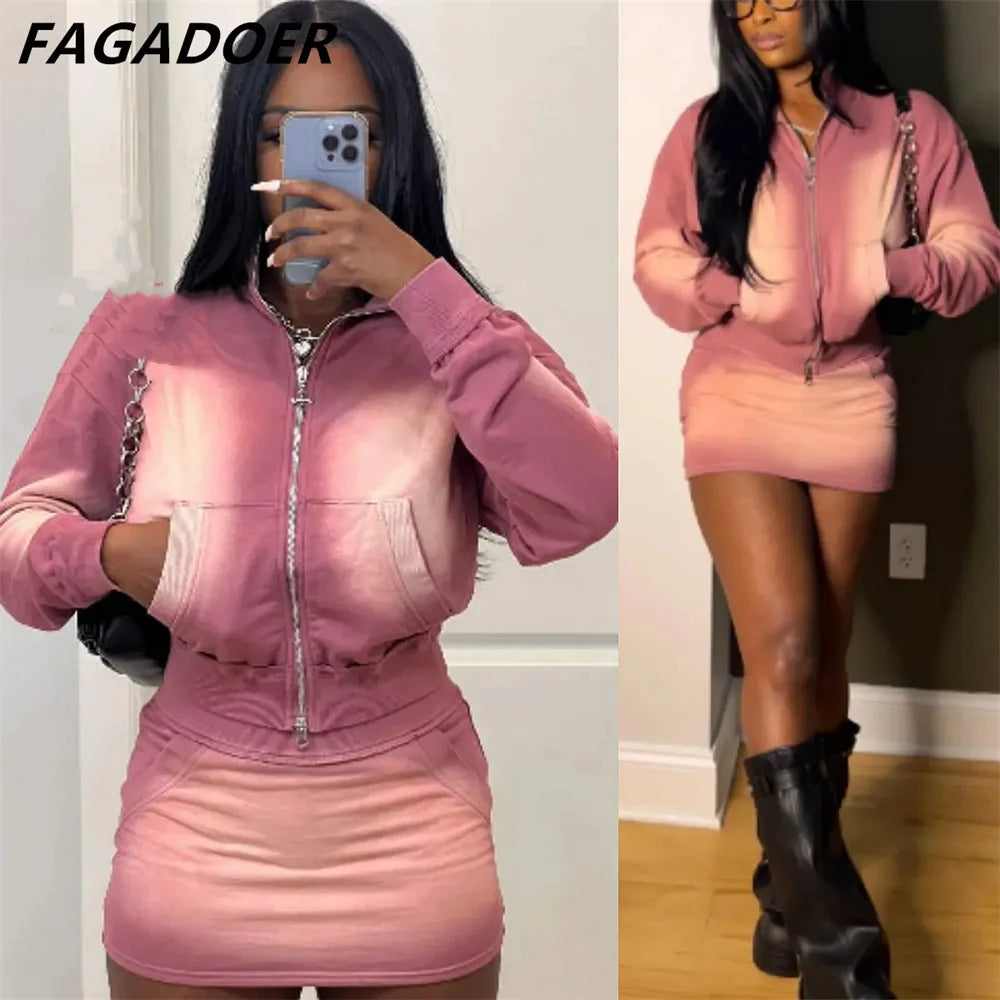 Nude mesh Two Piece Sets Women Outfits Fashion Zip Pocket Long Sleeve