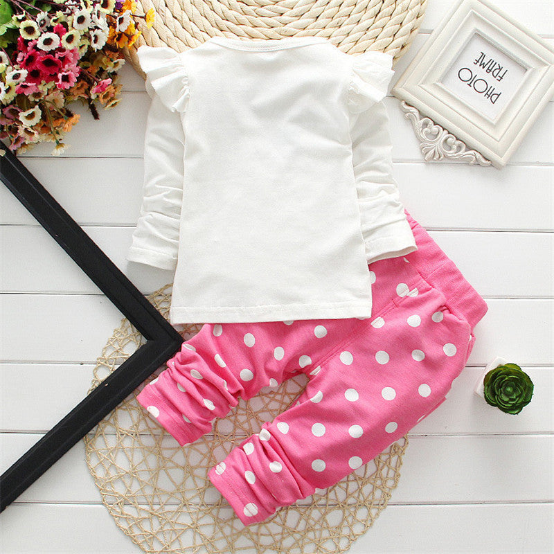 2025 Spring and Autumn Minnie Mouse Print Girls' Suit Cute Polka Dot Two-Piece Set Children's Pull Frame Fabric Long Sleeve Pants