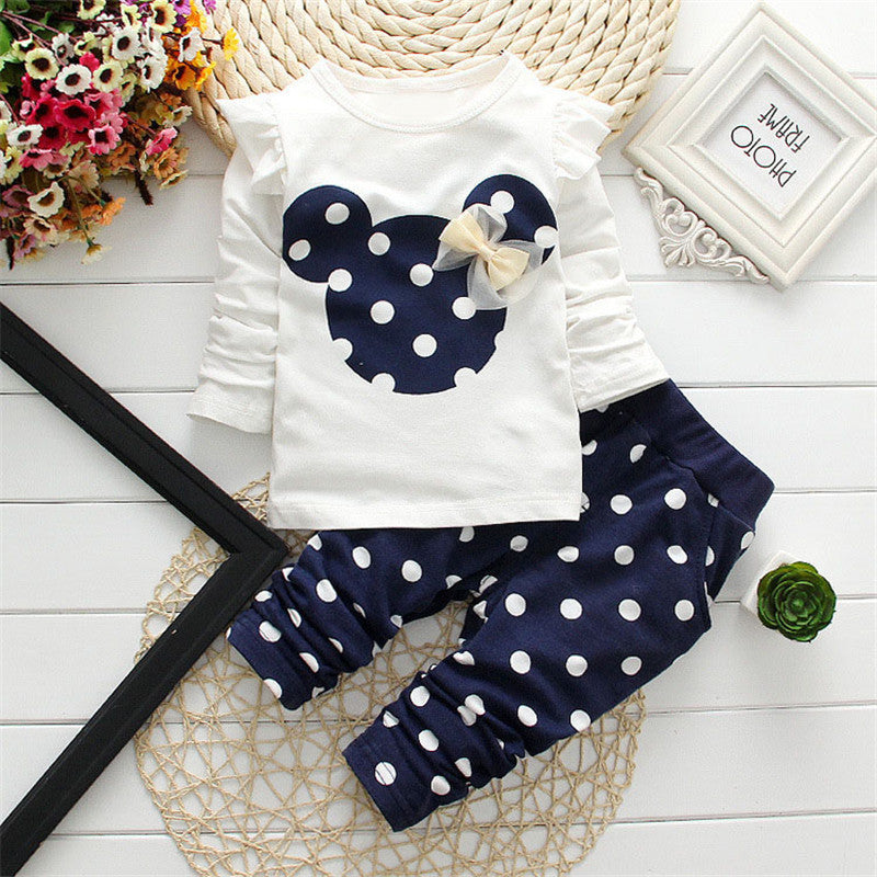 2025 Spring and Autumn Minnie Mouse Print Girls' Suit Cute Polka Dot Two-Piece Set Children's Pull Frame Fabric Long Sleeve Pants