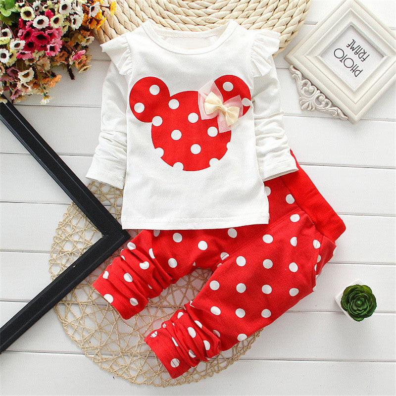 2025 Spring and Autumn Minnie Mouse Print Girls' Suit Cute Polka Dot Two-Piece Set Children's Pull Frame Fabric Long Sleeve Pants