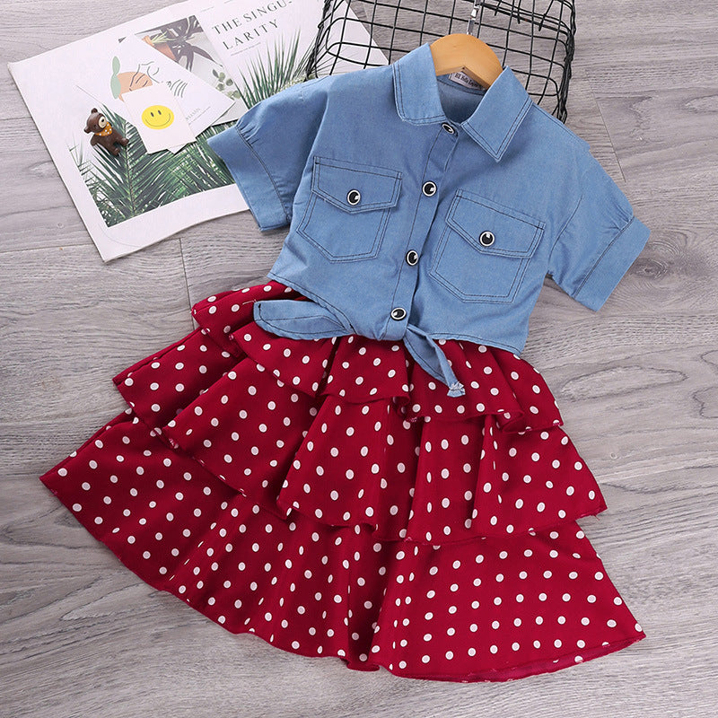 Toddler girl outfit, baby girl clothes,denim jacket + polka dot  two-piece
