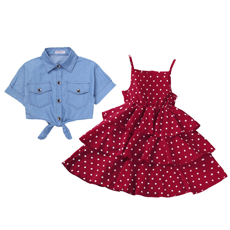 Toddler girl outfit, baby girl clothes,denim jacket + polka dot  two-piece