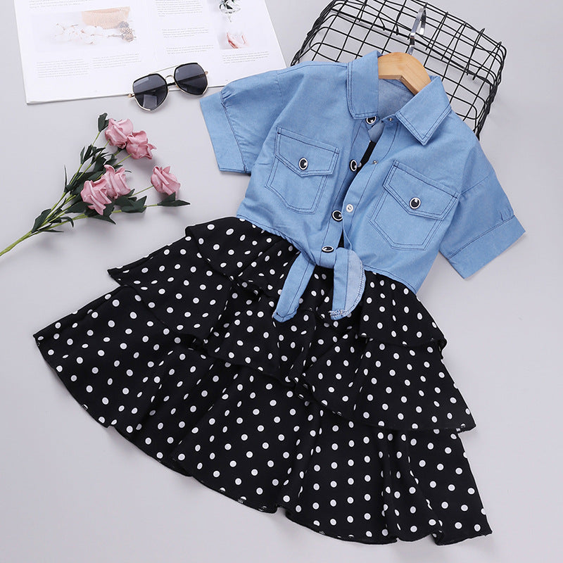 Children's clothing denim jacket + polka dot suspender princess two-piece set