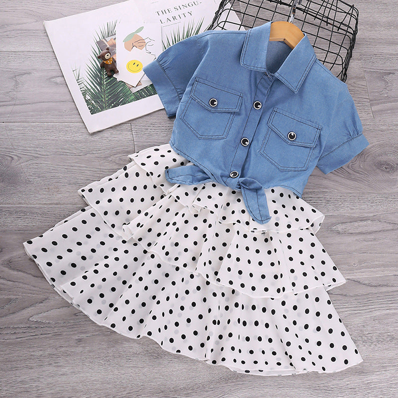 Toddler girl outfit, baby girl clothes,denim jacket + polka dot  two-piece
