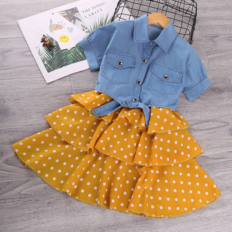 Toddler girl outfit, baby girl clothes,denim jacket + polka dot  two-piece
