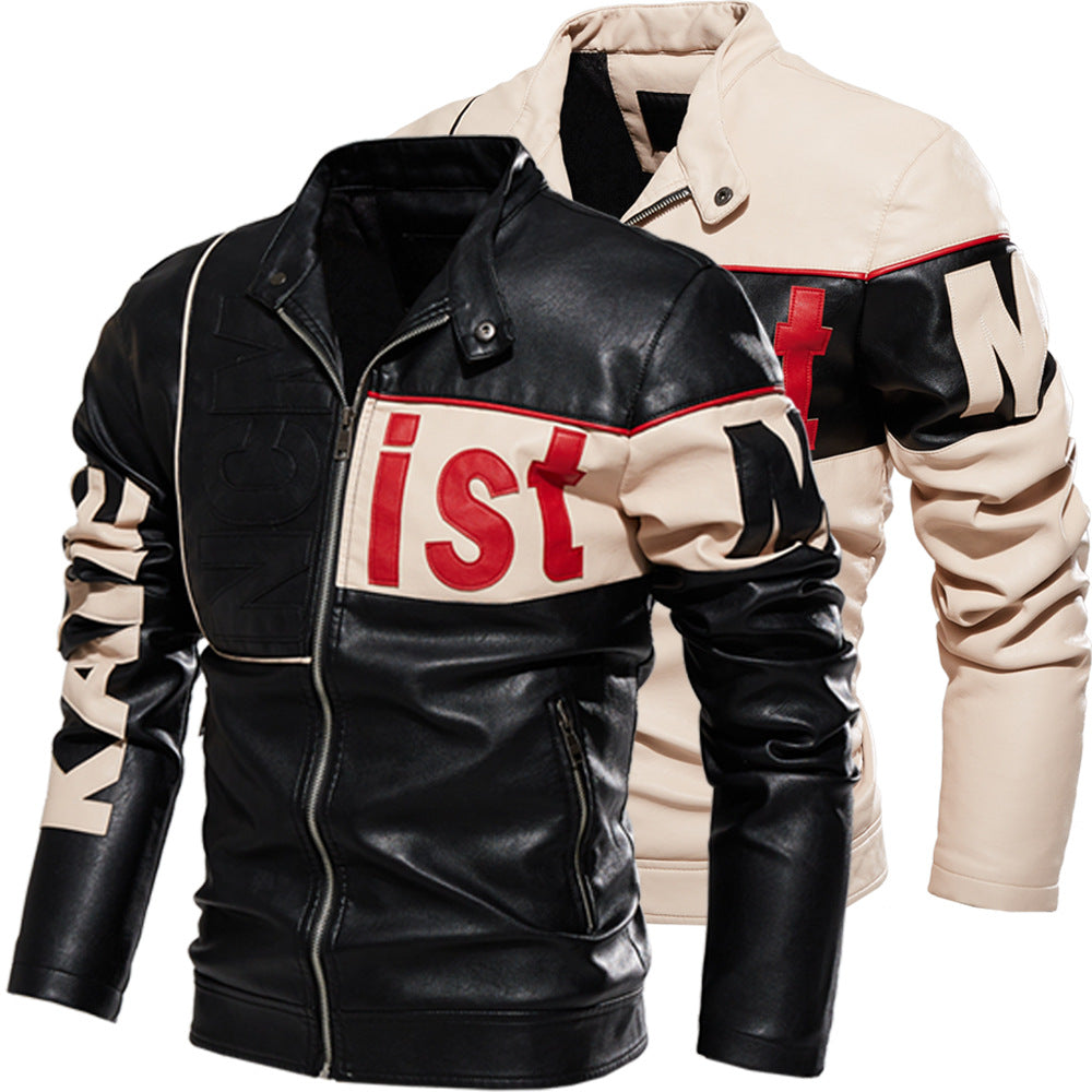 Men's Jacket Men's Trend Biker Uniform Color-Blocked PU