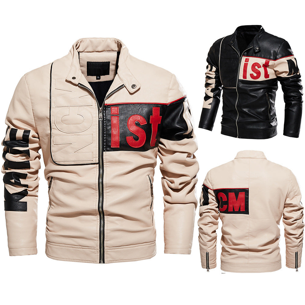Men's Jacket Men's Trend Biker Uniform Color-Blocked PU