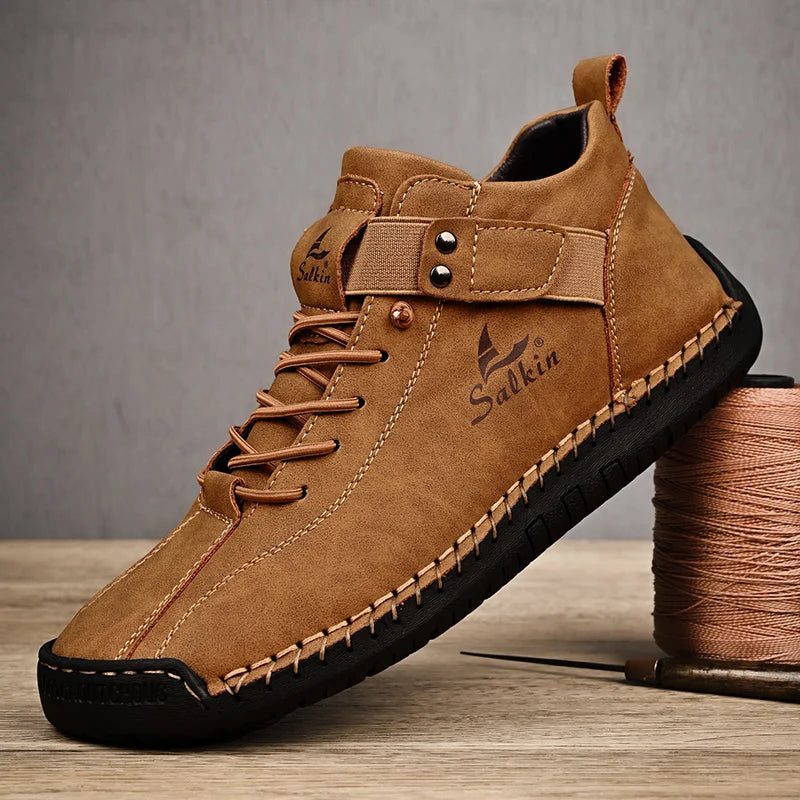 New 2025 Handmade Leather Casual Men Shoes Design Sneakers Man Breathable Leather Shoes Ankle Boots Outdoor Non Slip Walking