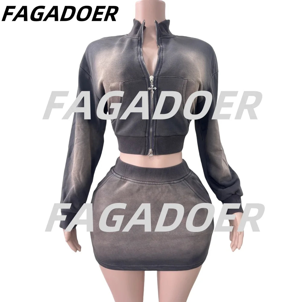 Nude mesh Two Piece Sets Women Outfits Fashion Zip Pocket Long Sleeve