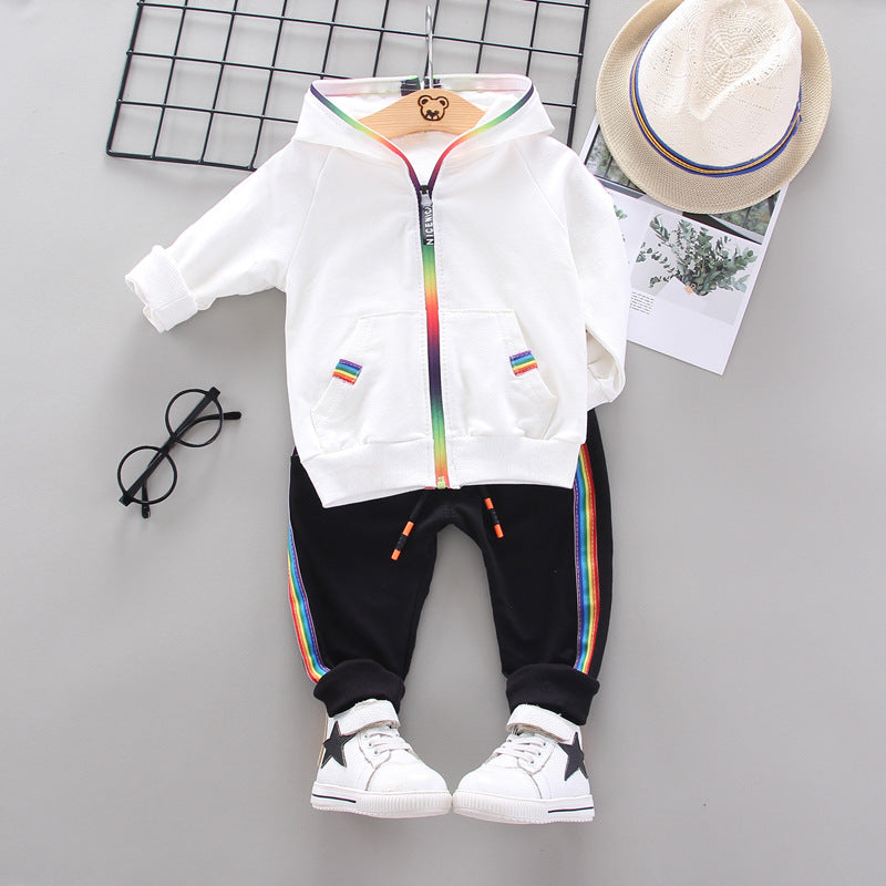 trendy spring and autumn sports model 1-4 year old baby rainbow zipper long sleeve long pants children's two-piece set