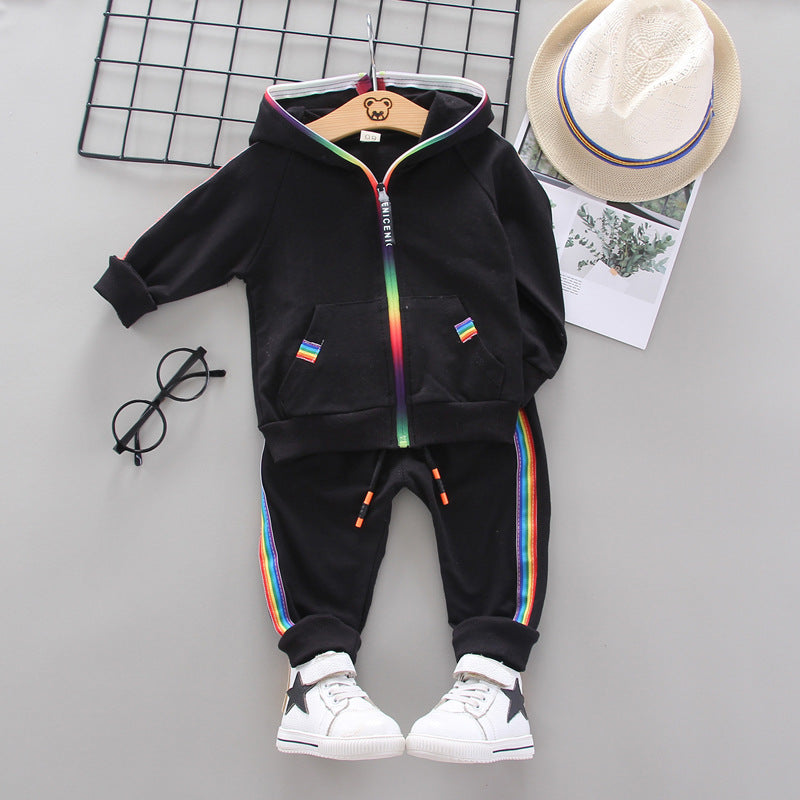 trendy spring and autumn sports model 1-4 year old baby rainbow zipper long sleeve long pants children's two-piece set