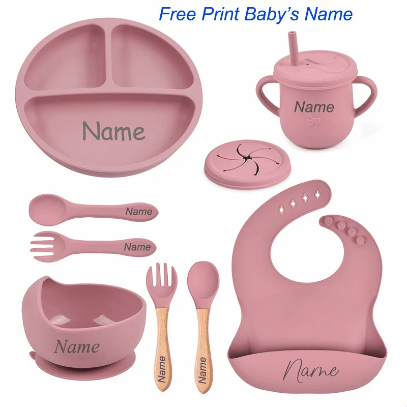 8Pcs Silicone Tableware Set Personalized Name Logo Baby Feeding Set