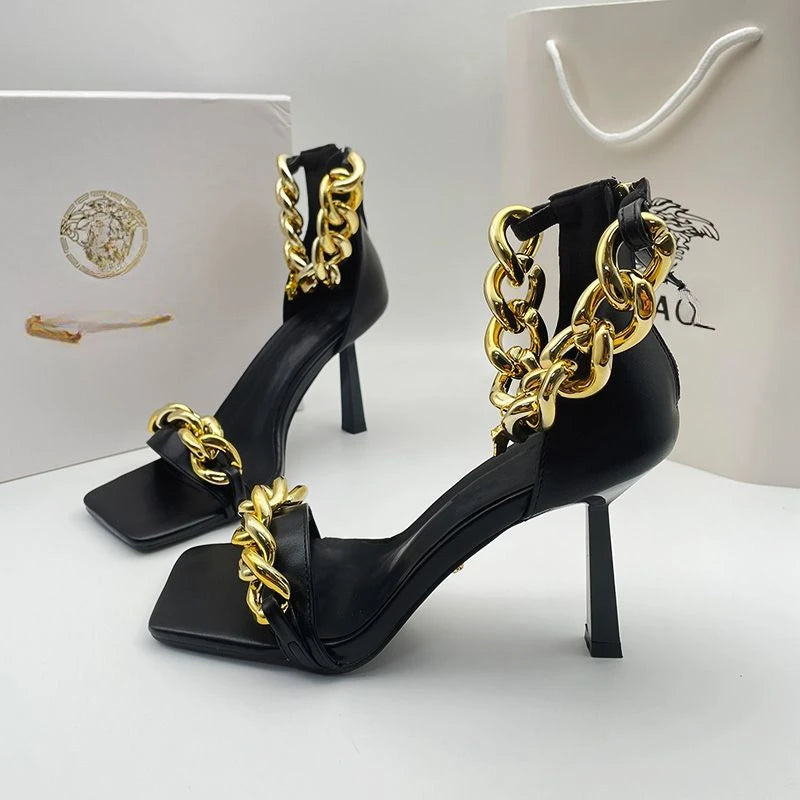 Top Version Lambskin  Belt Slim Heel Chain Toe Square High Heels