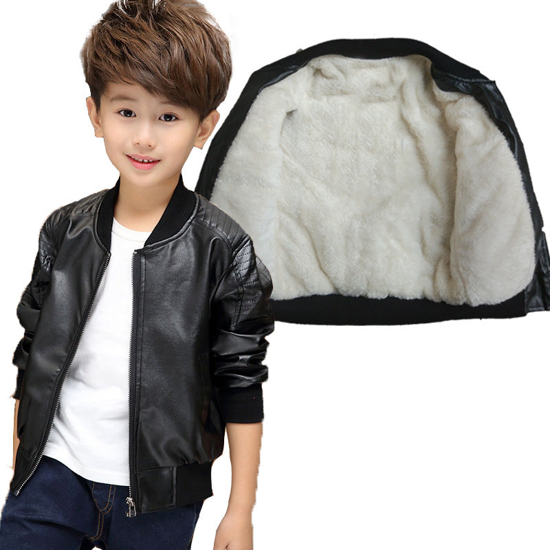 Kids Black Leather Jacket  Fleece Lined Winter Coat for Boys