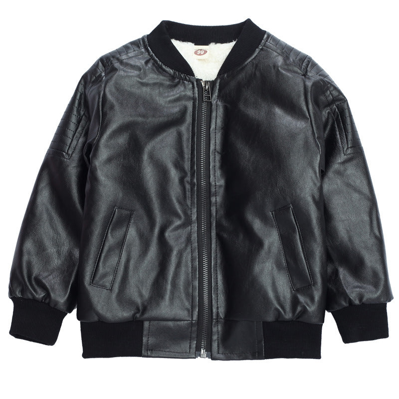 Kids Black Leather Jacket  Fleece Lined Winter Coat for Boys