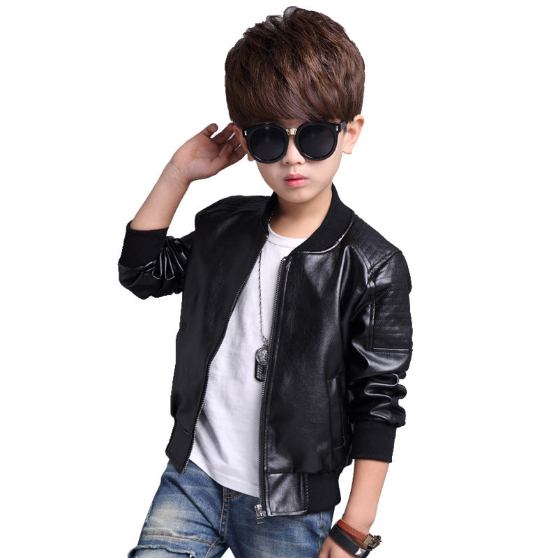 Kids Black Leather Jacket  Fleece Lined Winter Coat for Boys