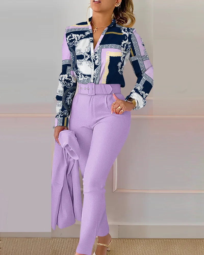 Elegant Patchwork Shirt &amp; High-Waist Lilac Pants Set