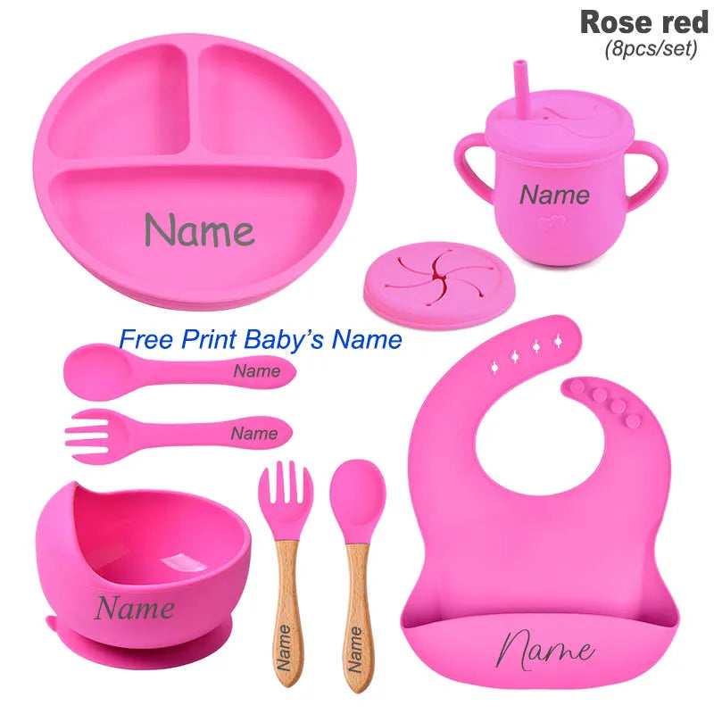 8Pcs Silicone Tableware Set Personalized Name Logo Baby Feeding Set