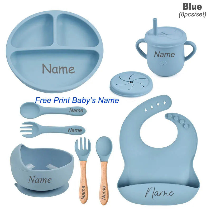 8Pcs Silicone Tableware Set Personalized Name Logo Baby Feeding Set