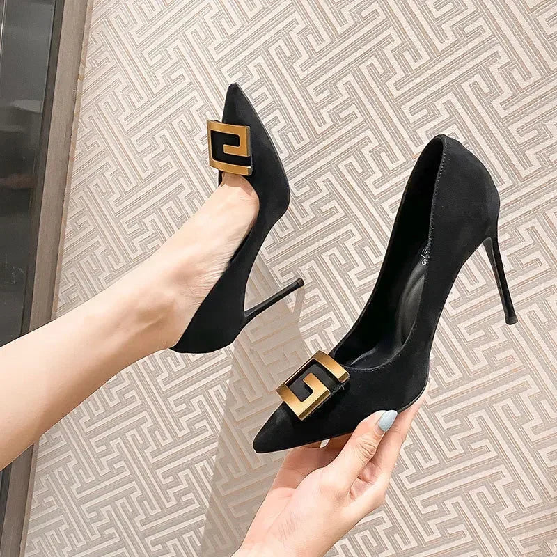 Toe High Heels Women Shoes Thin Heel Black Leather Pumps