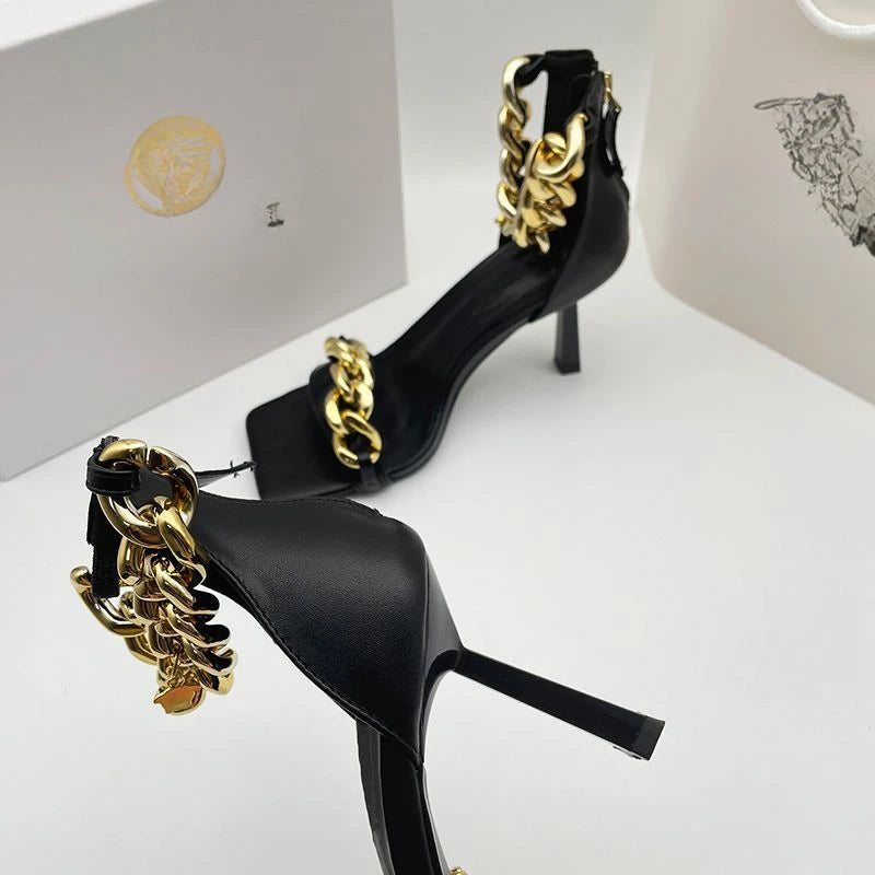 Top Version Lambskin  Belt Slim Heel Chain Toe Square High Heels