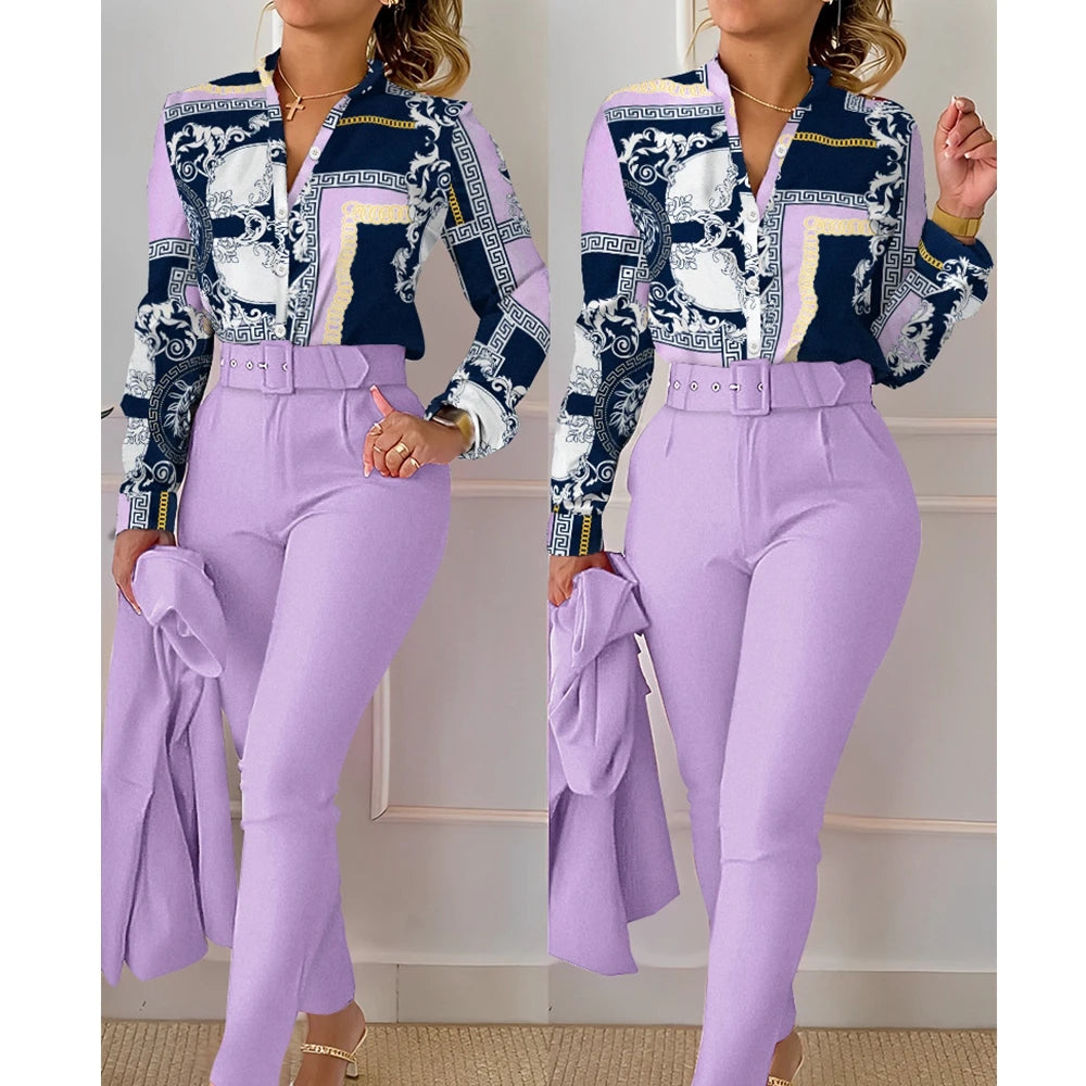 Elegant Patchwork Shirt &amp; High-Waist Lilac Pants Set