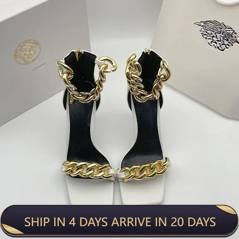 Top Version Lambskin  Belt Slim Heel Chain Toe Square High Heels