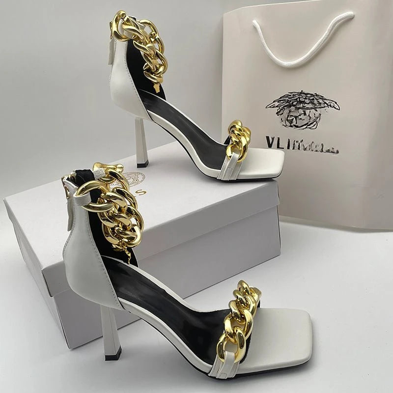 Top Version Lambskin  Belt Slim Heel Chain Toe Square High Heels