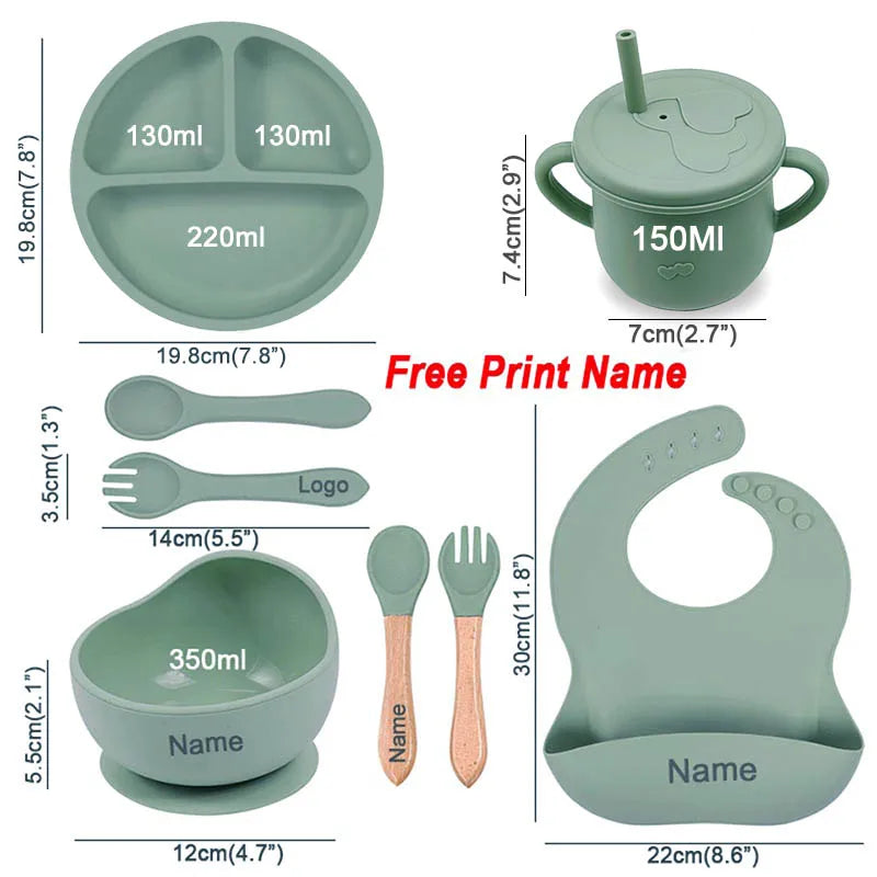 8Pcs Silicone Tableware Set Personalized Name Logo Baby Feeding Set