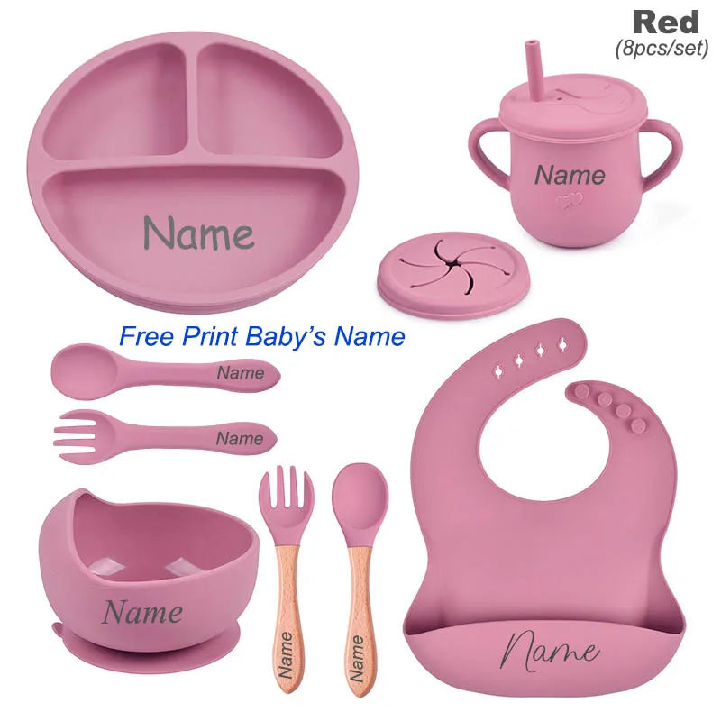 8Pcs Silicone Tableware Set Personalized Name Logo Baby Feeding Set