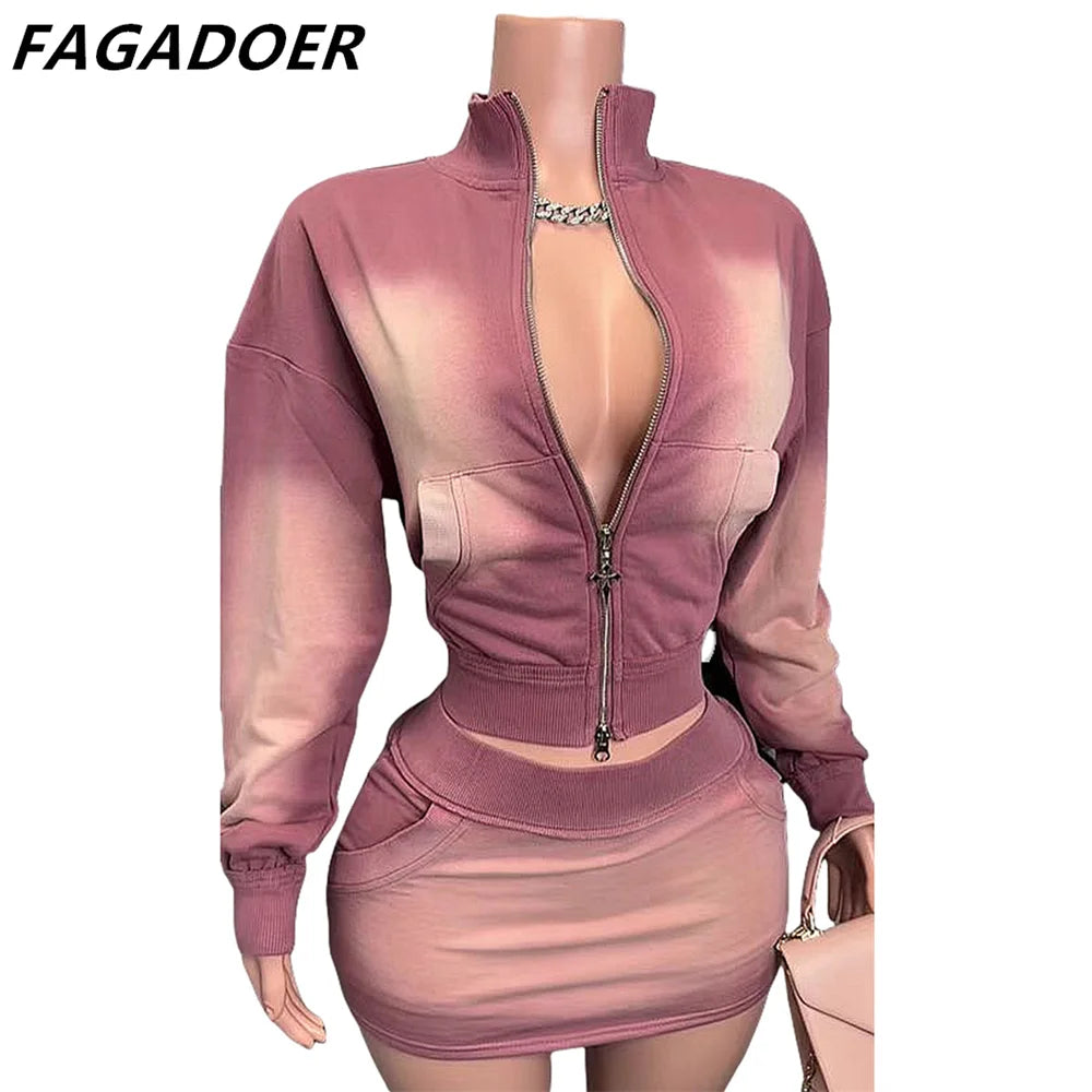 Nude mesh Two Piece Sets Women Outfits Fashion Zip Pocket Long Sleeve