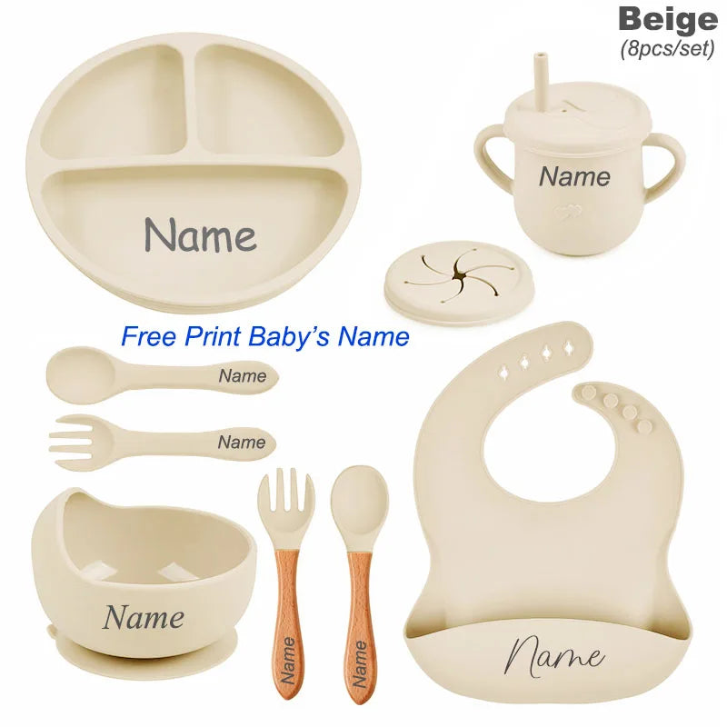 8Pcs Silicone Tableware Set Personalized Name Logo Baby Feeding Set