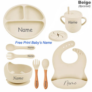 8Pcs Silicone Tableware Set Personalized Name Logo Baby Feeding Set