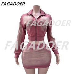 Nude mesh Two Piece Sets Women Outfits Fashion Zip Pocket Long Sleeve