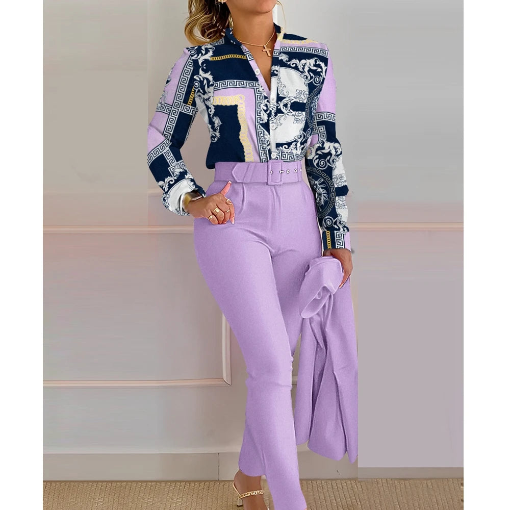 Elegant Patchwork Shirt &amp; High-Waist Lilac Pants Set