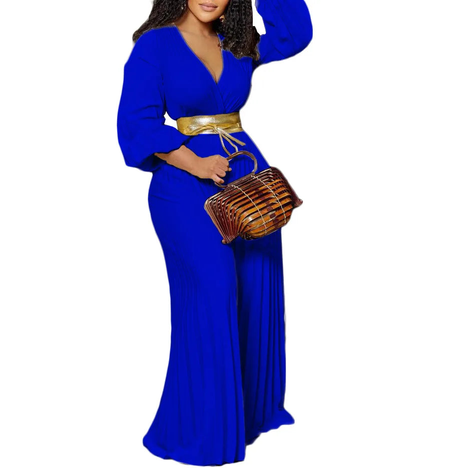 Summer Fashion African Women Long Sleeve V-neck Polyester Jumpsuit S-3XL