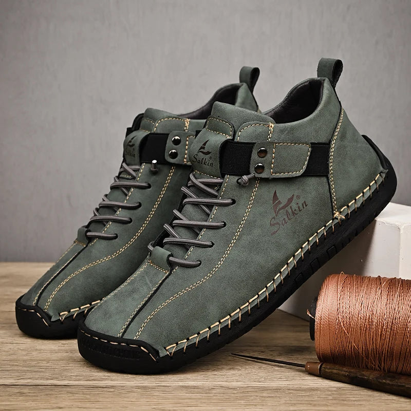 New 2025 Handmade Leather Casual Men Shoes Design Sneakers Man Breathable Leather Shoes Ankle Boots Outdoor Non Slip Walking