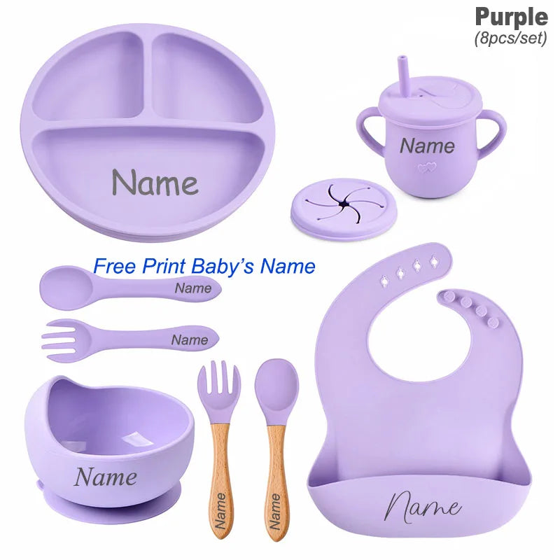 8Pcs Silicone Tableware Set Personalized Name Logo Baby Feeding Set