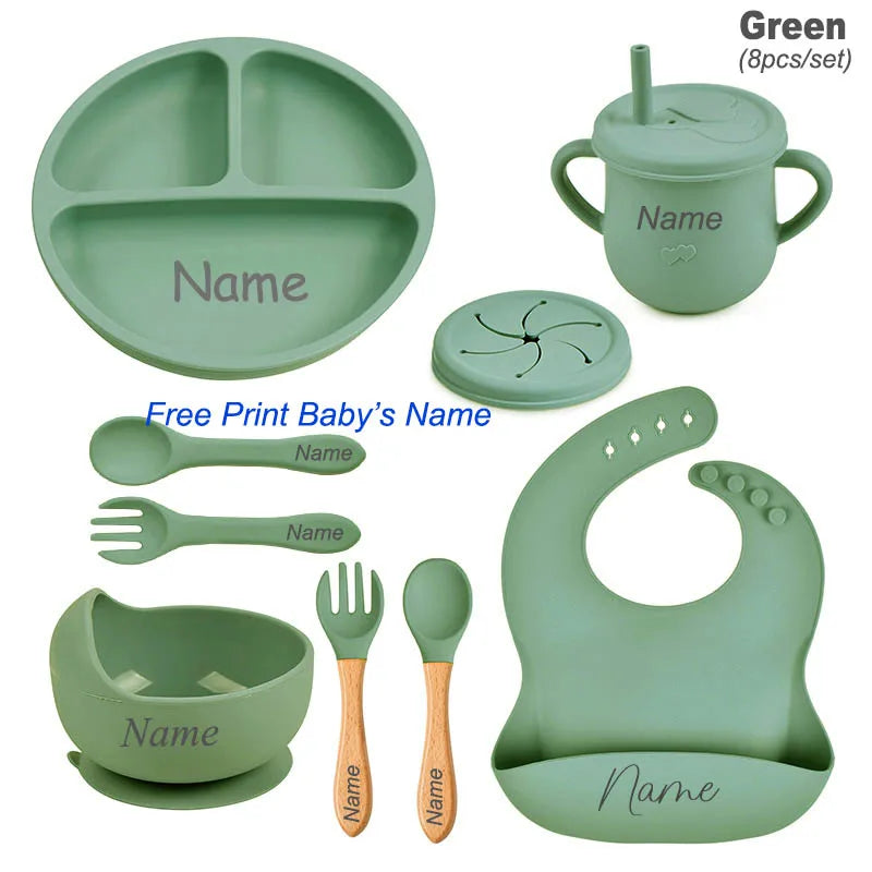 8Pcs Silicone Tableware Set Personalized Name Logo Baby Feeding Set