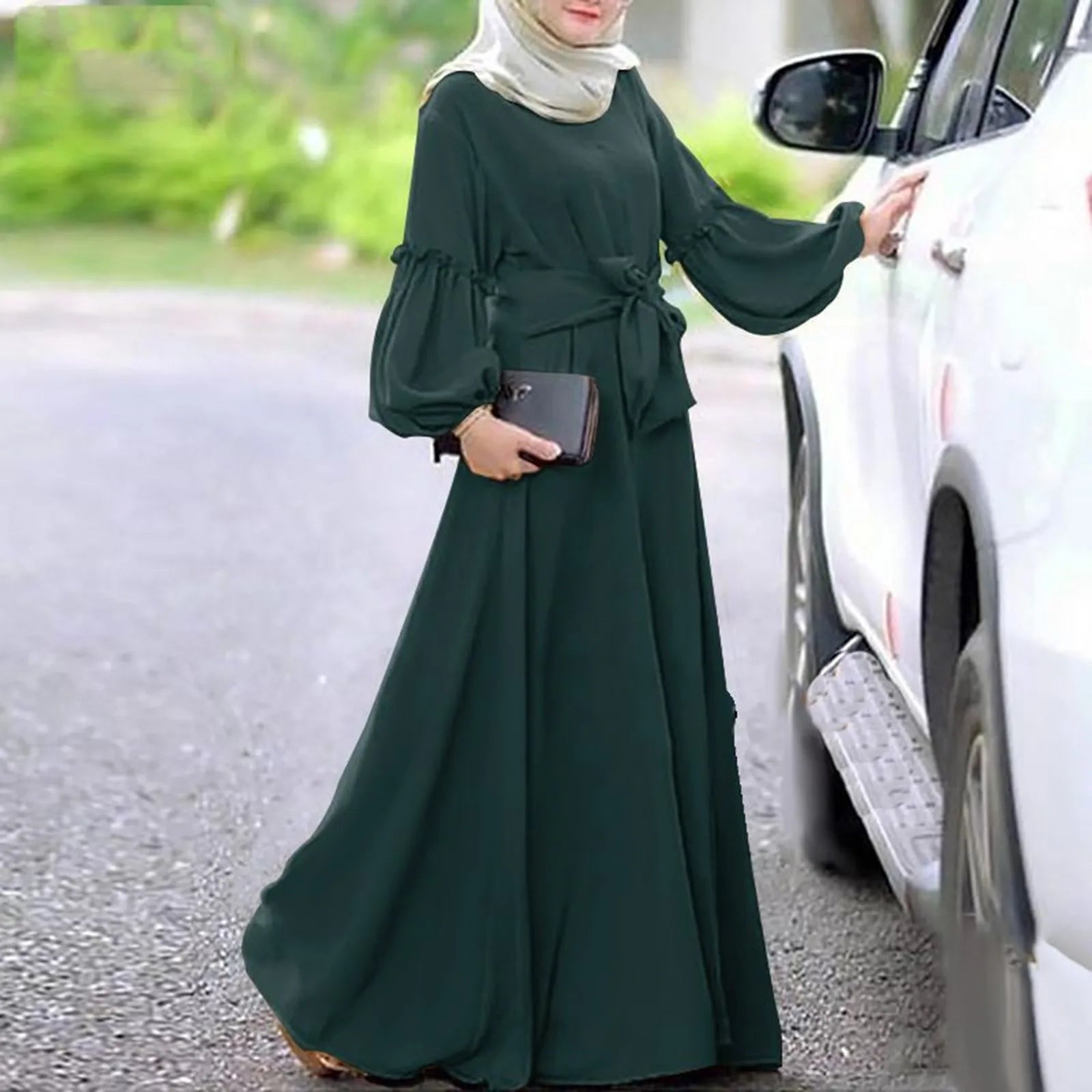 Women's Muslim Solid Long Sleeved Round Neck Ruffle Dresses Prayer