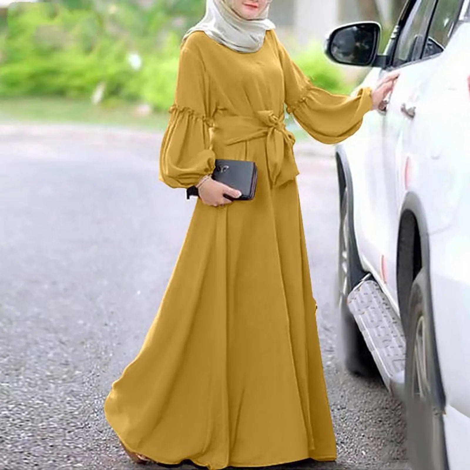 Women's Muslim Solid Long Sleeved Round Neck Ruffle Dresses Prayer