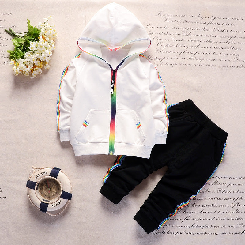 trendy spring and autumn sports model 1-4 year old baby rainbow zipper long sleeve long pants children's two-piece set