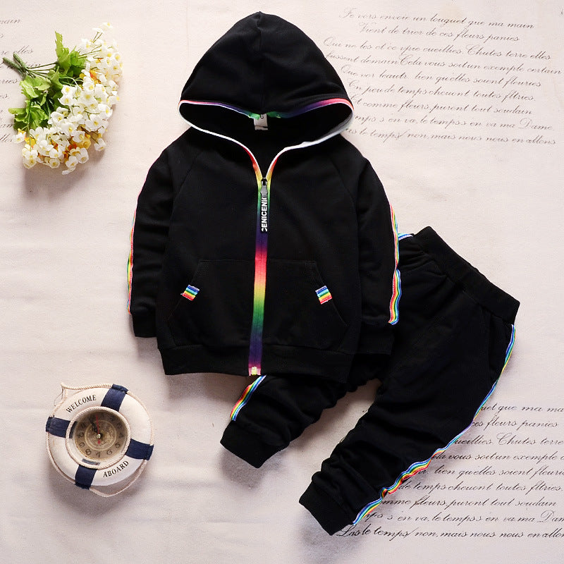trendy spring and autumn sports model 1-4 year old baby rainbow zipper long sleeve long pants children's two-piece set