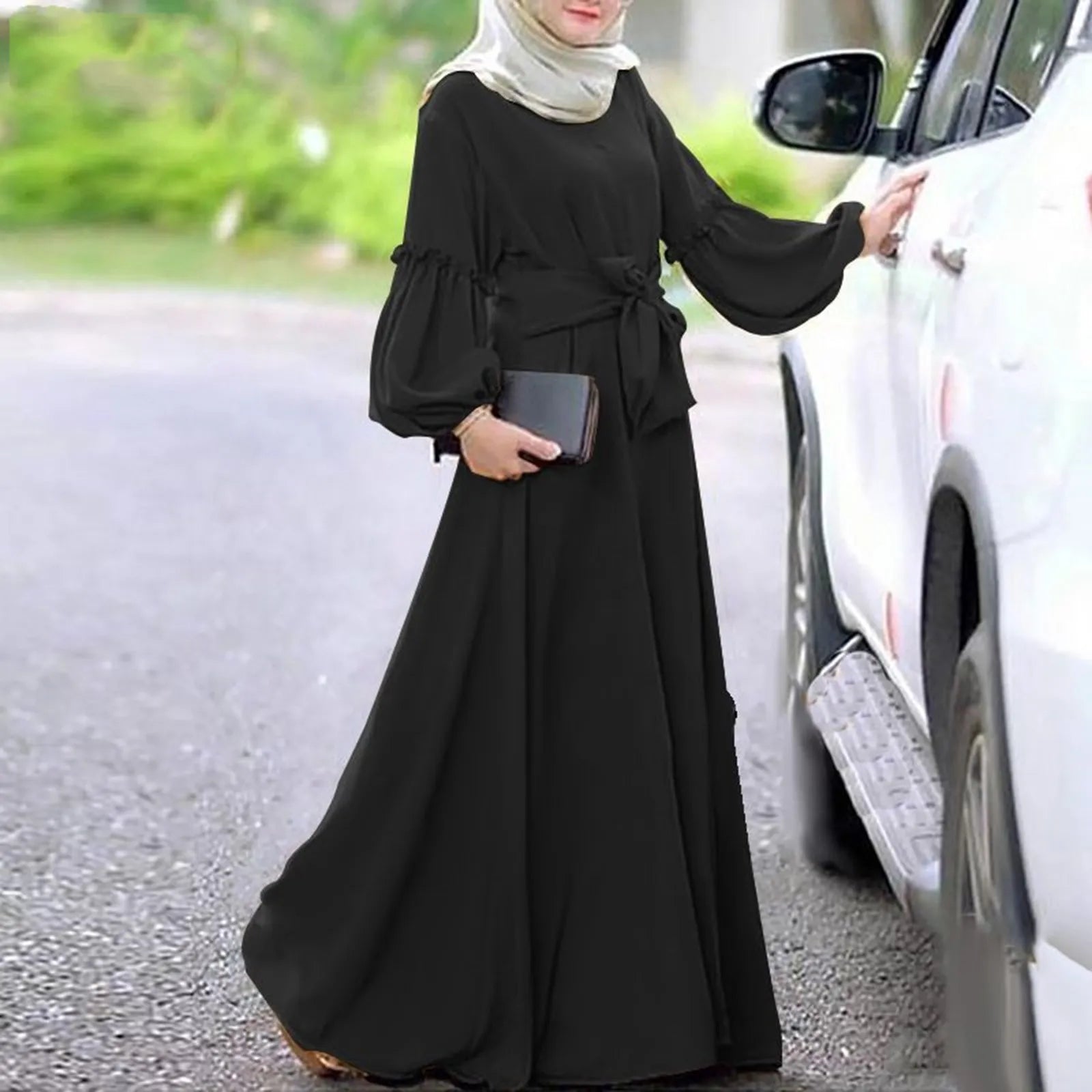 Women's Muslim Solid Long Sleeved Round Neck Ruffle Dresses Prayer